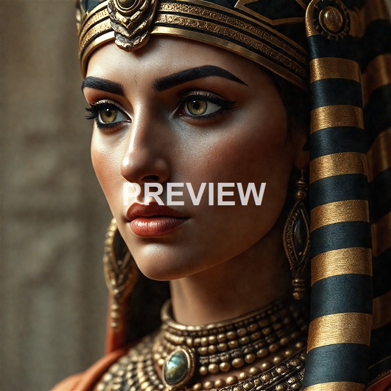 A close-up image of a woman with elaborate Egyptian-style jewelry and headgear, featuring gold and black striped elements, with intense eye makeup and a serious expression.